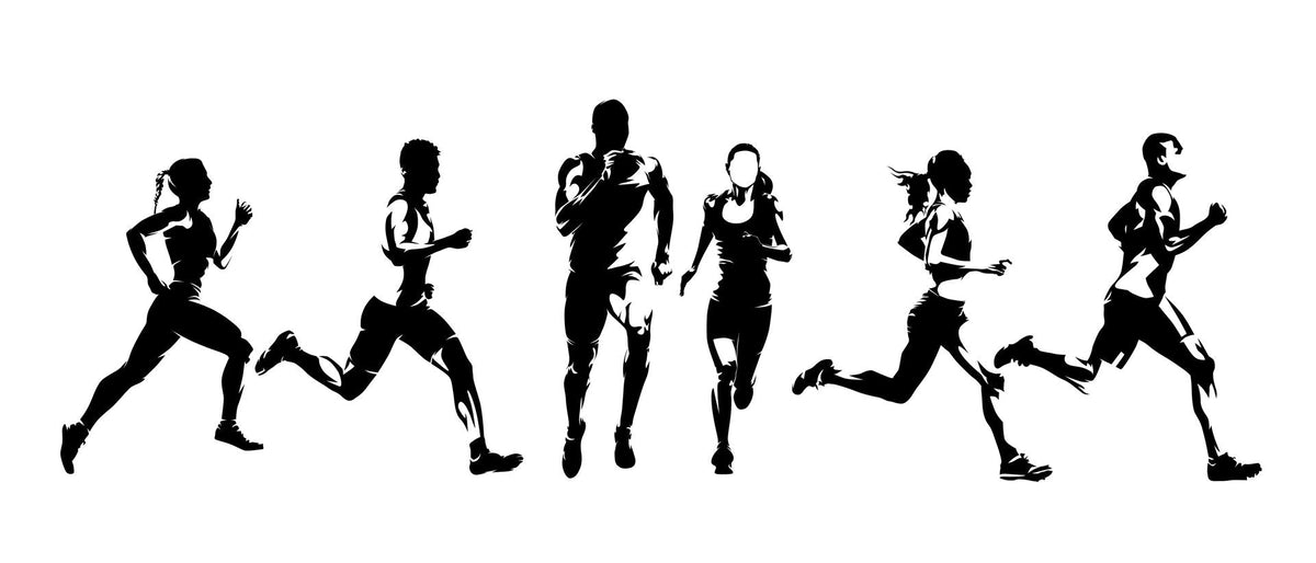 Silhouetted runners in motion against a white background.