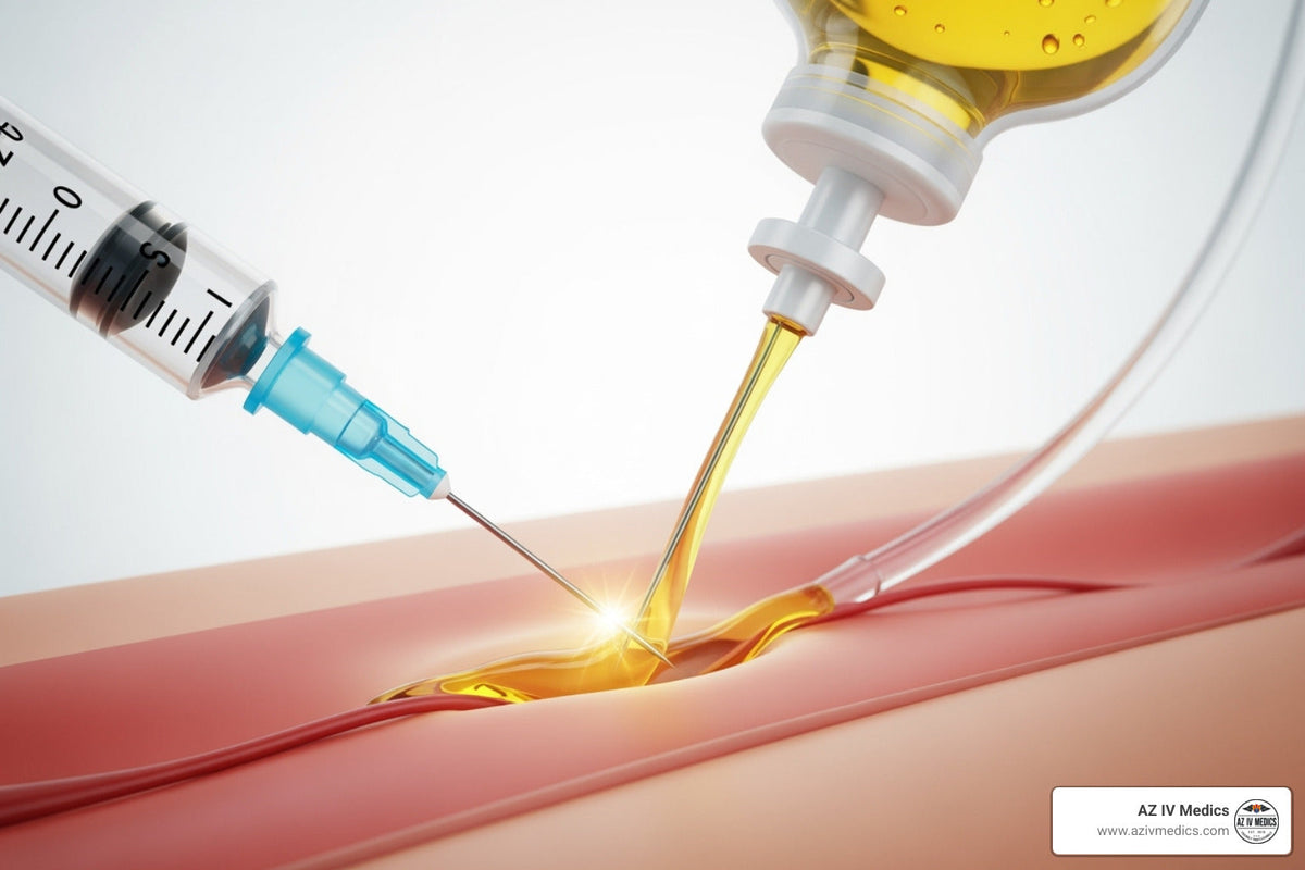 Medical illustration showing a syringe and IV bag injecting yellow fluid into a blood vessel.