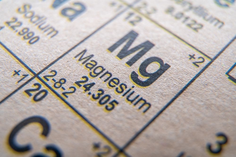 Close-up of a periodic table square for Magnesium (Mg). Shows atomic number, element name, and atomic mass.