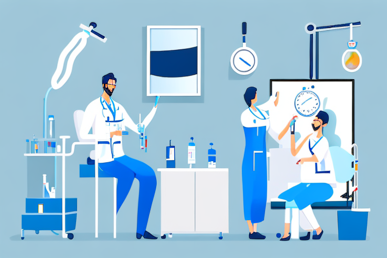 Medical staff in a light blue room, checking medical devices and supplies.