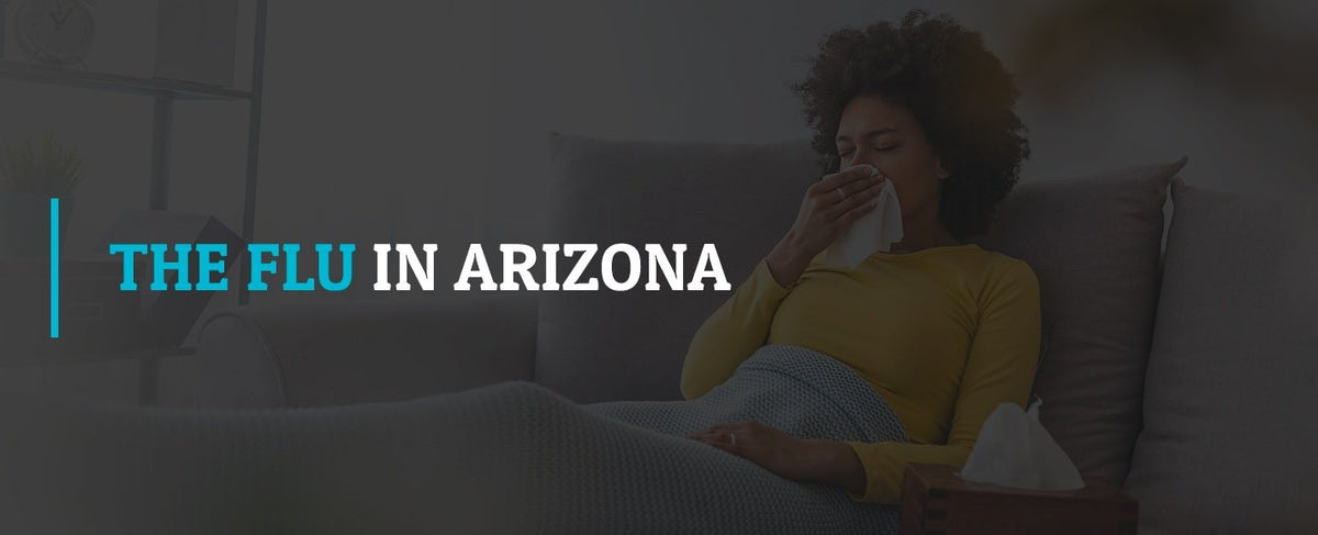 Woman sitting on a couch, blowing her nose with a tissue. Text overlay: