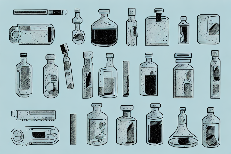 Illustration of various glass bottles and vials, some with labels and dark contents, arranged on a light blue background.