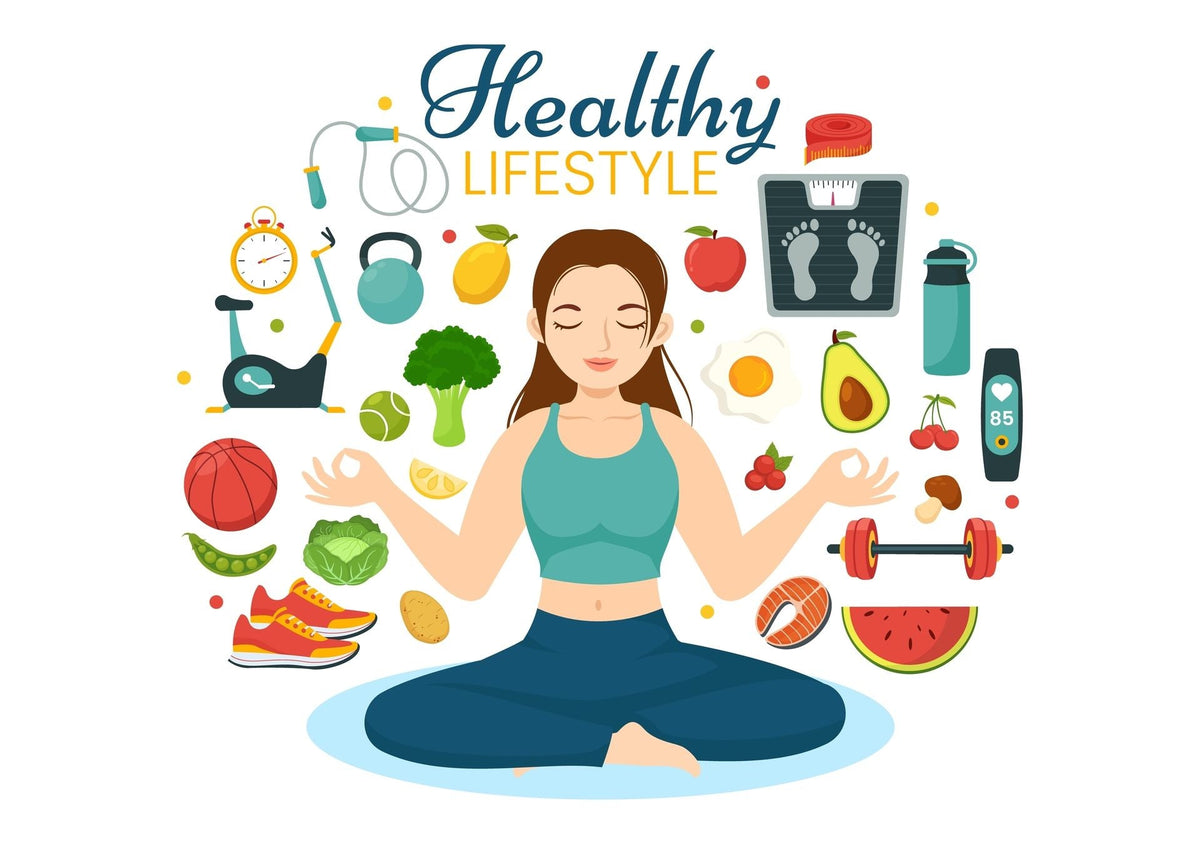 Woman meditating surrounded by healthy lifestyle icons: food, fitness equipment, and a scale.