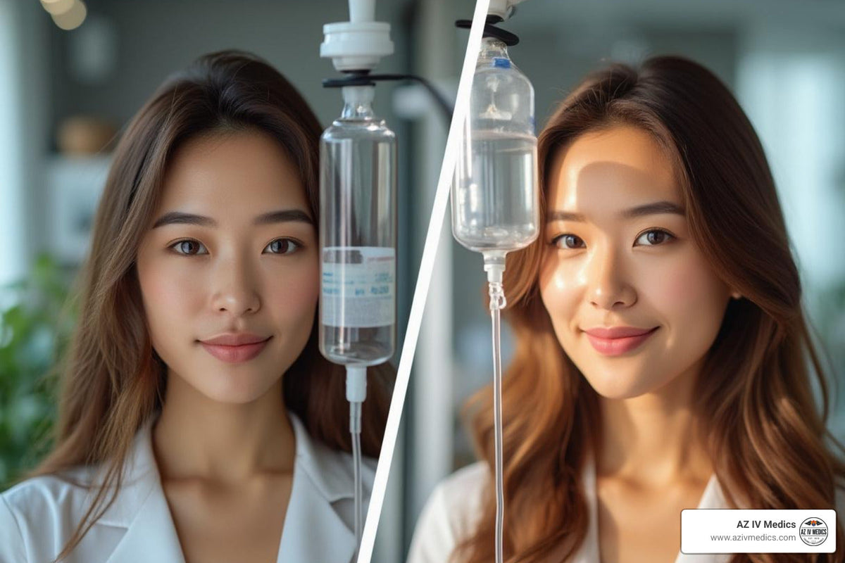 Two smiling women, each beside an IV bag.
