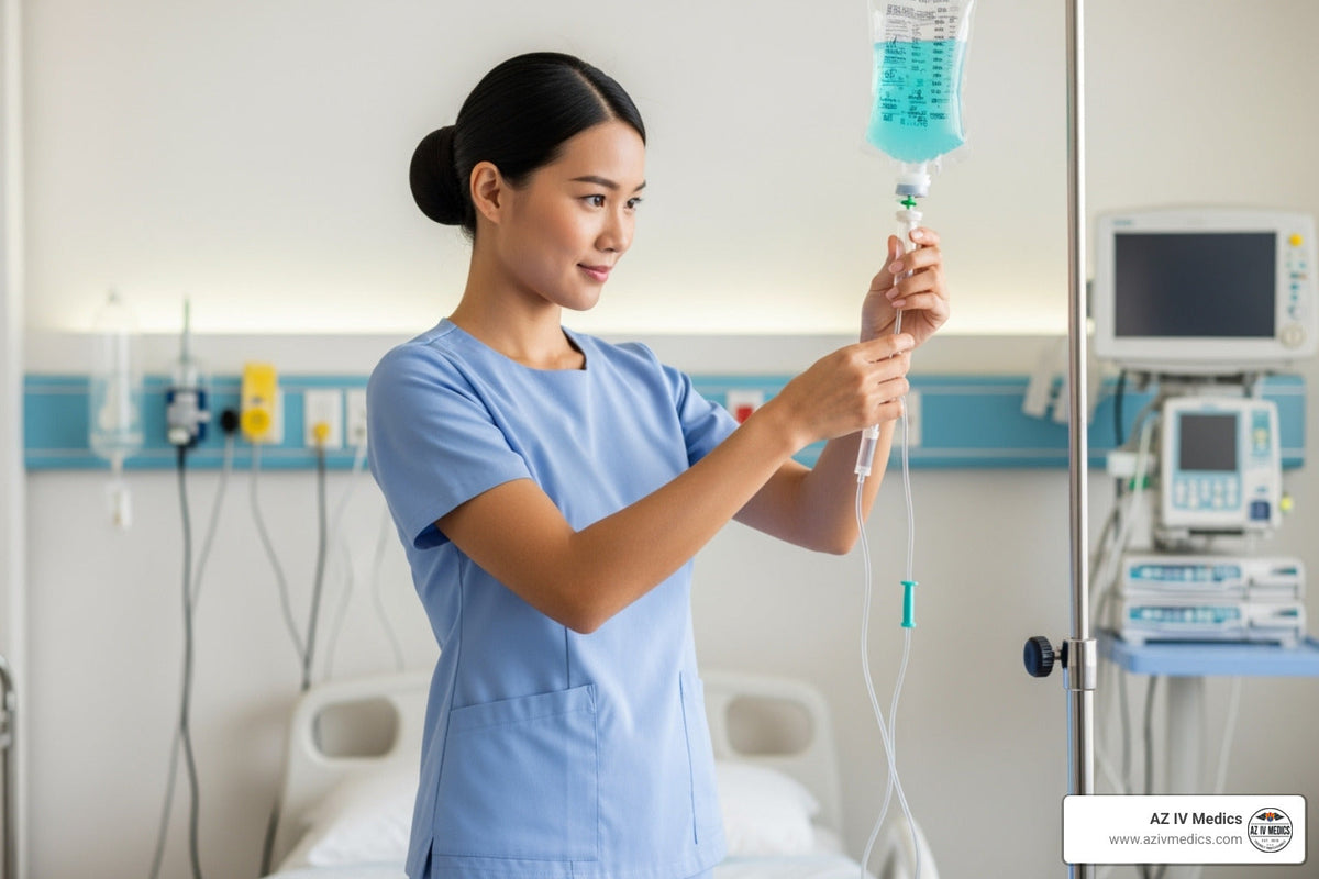 Nurse in blue scrubs adjusting IV bag in a hospital room.