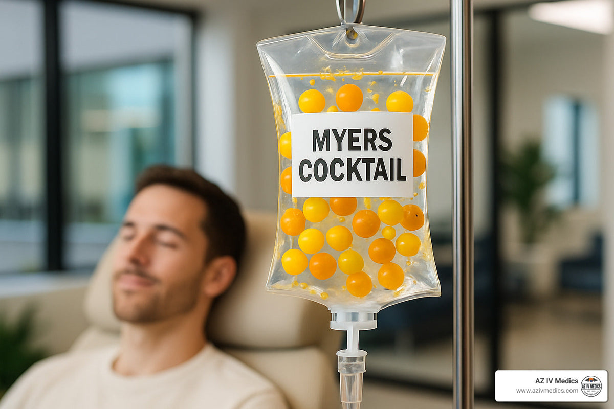 Man receiving Myers cocktail IV drip in a clinic. Transparent bag with yellow spheres.