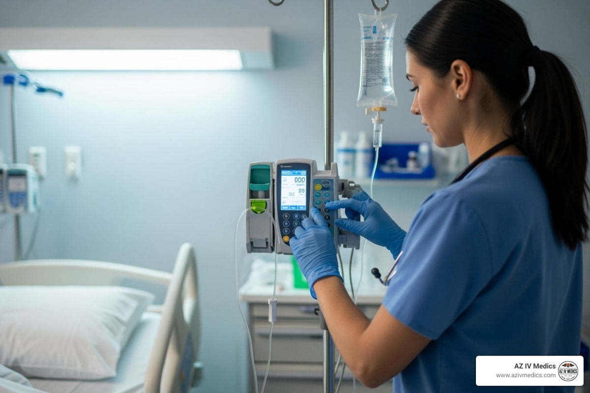 Nurse in blue scrubs adjusting IV pump in a hospital room with a bed and medical equipment.
