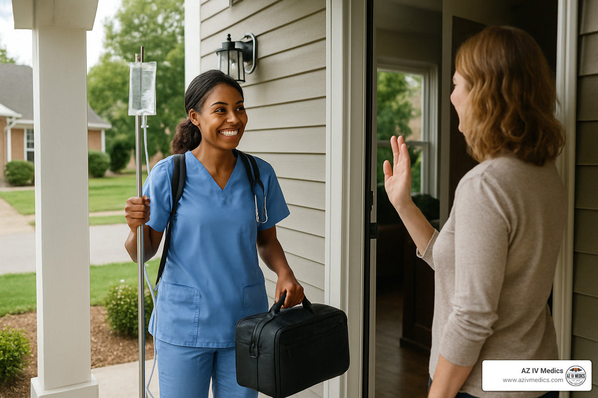 Nurse with IV bag at doorway, greeting a patient. Outdoors, daylight.
