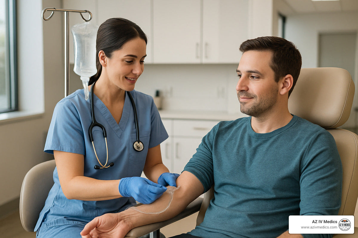 Nurse administering IV to a patient in a medical setting.