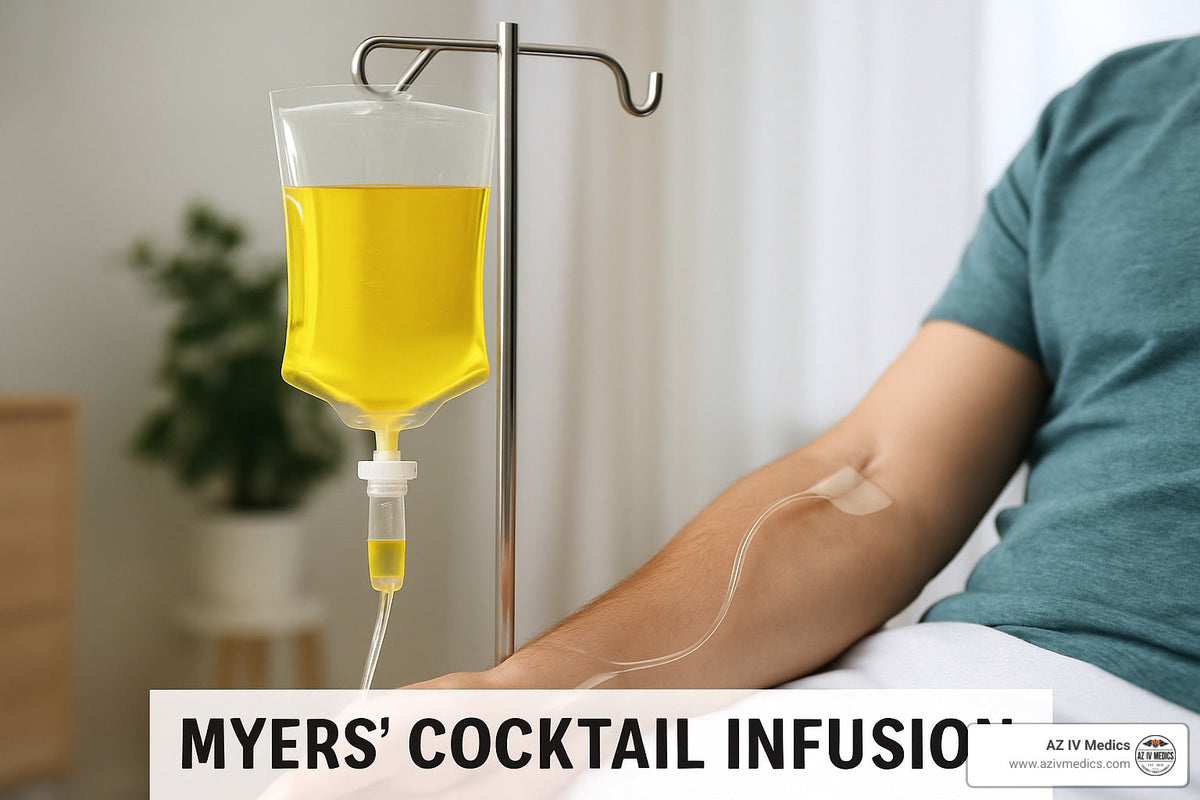 Person receiving Myers' cocktail infusion intravenously; yellow fluid bag hanging.