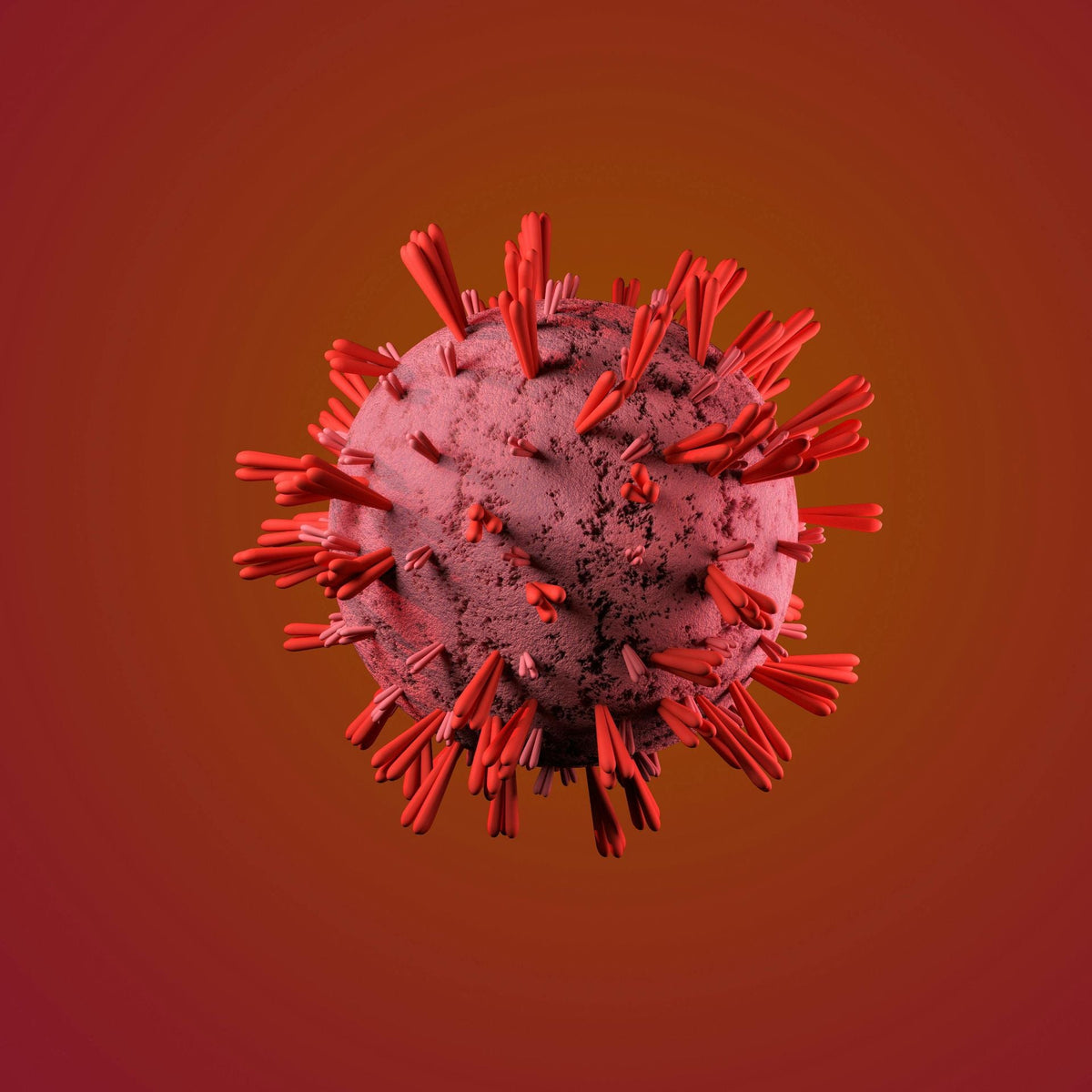 Red and brown 3D rendering of a coronavirus particle with spike proteins, against a gradient red background.