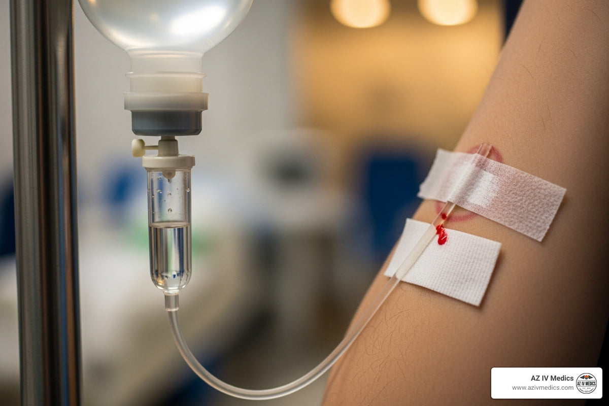 IV drip with clear fluid infusing into a person's arm, bandages in place.