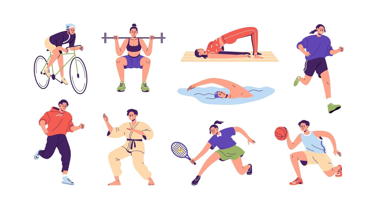 People doing various exercises: cycling, weightlifting, yoga, running, swimming, martial arts, tennis, basketball.