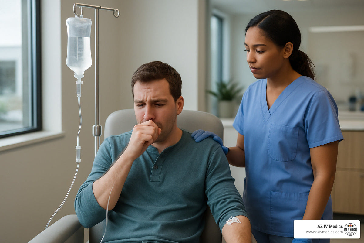 Man in medical chair coughing, receiving IV, with nurse's supportive hand on his shoulder in hospital room.