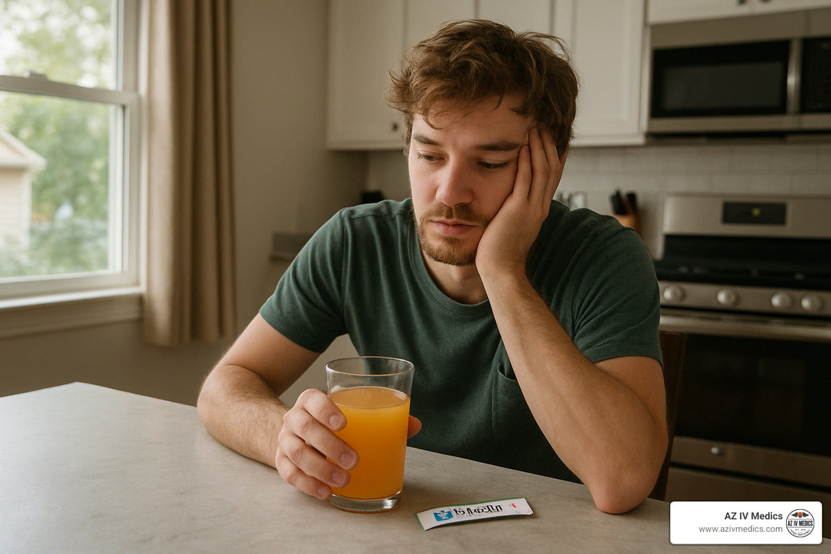 Man in a kitchen looking tired, holding orange juice, a test strip nearby.