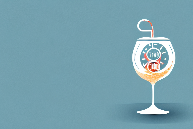 Cocktail glass with a clock face inside, straw inserted; beige liquid, blue background.