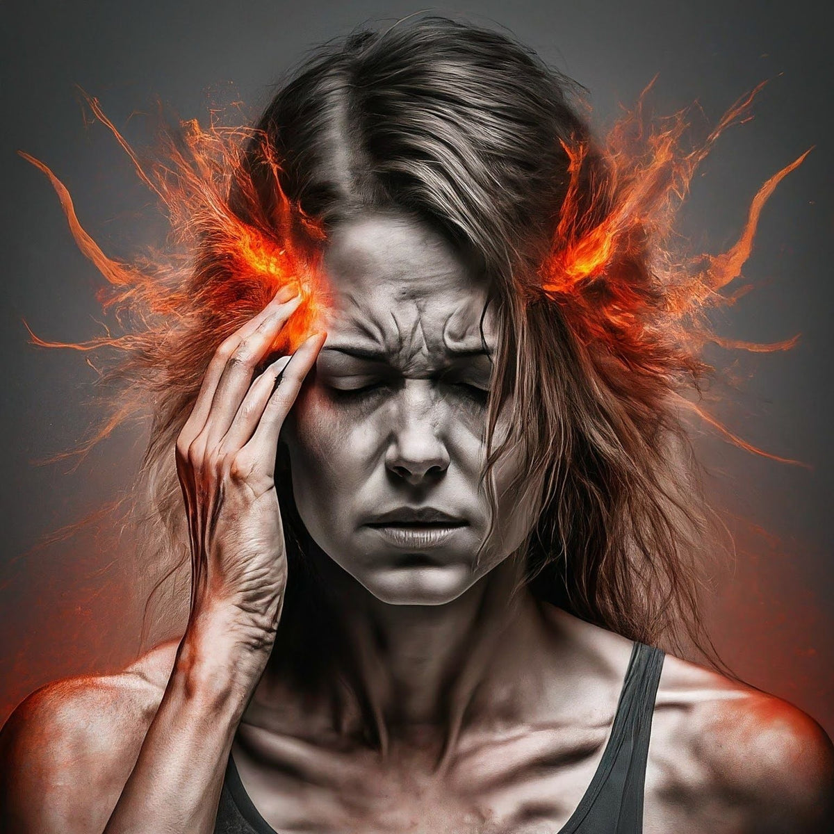 Woman holding head, eyes closed in pain. Fiery, orange-red energy erupts from her temples.