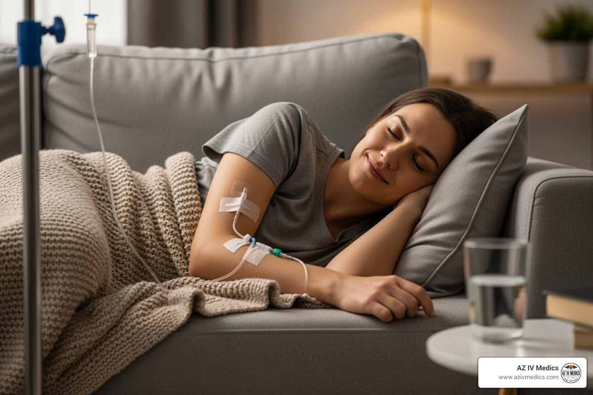 Woman receiving IV fluids while resting on a couch, indoors.