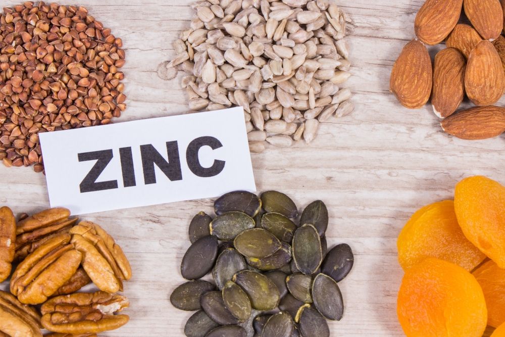 Foods rich in zinc: buckwheat, sunflower seeds, almonds, pumpkin seeds, pecans, and dried apricots.