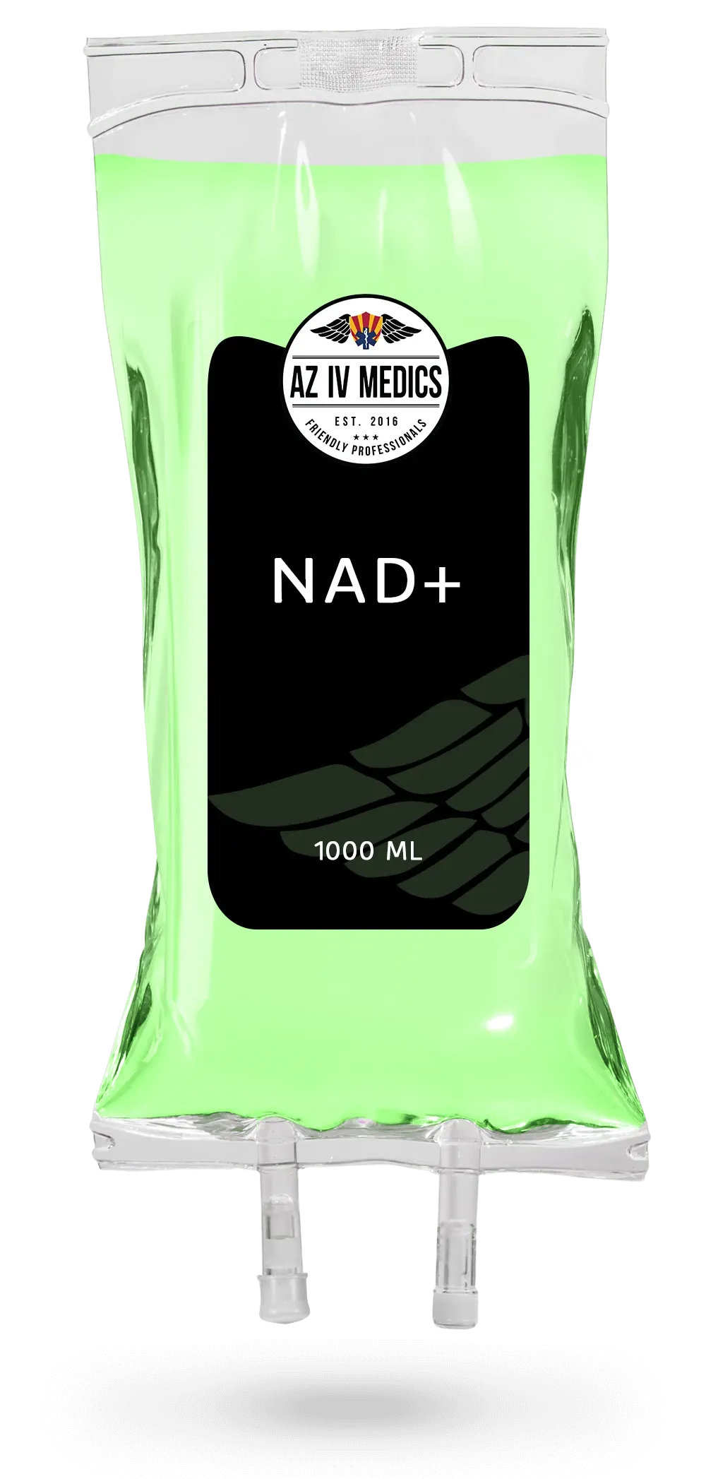 IV bag filled with a green liquid, labeled