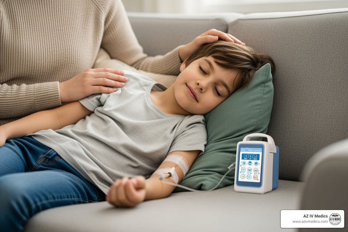 Boy resting on a couch, receiving IV fluids, with a person's hand on his head.