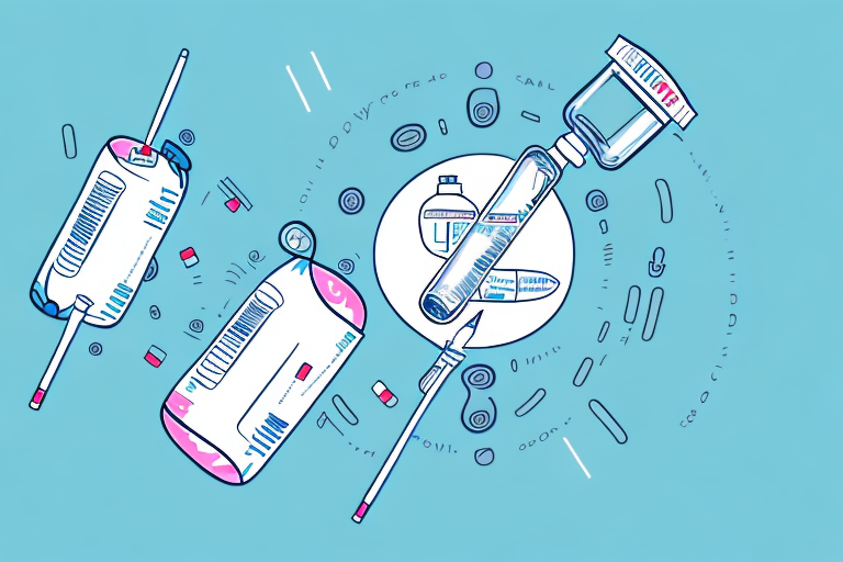 Medical supplies floating against a blue background, including IV bags, syringes, pills, and vials.