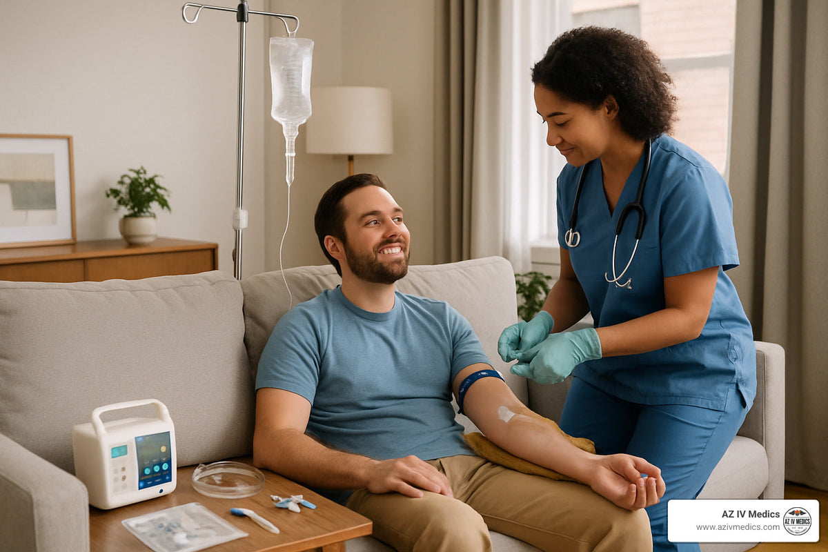 Man receiving IV infusion, nurse attending; living room setting.
