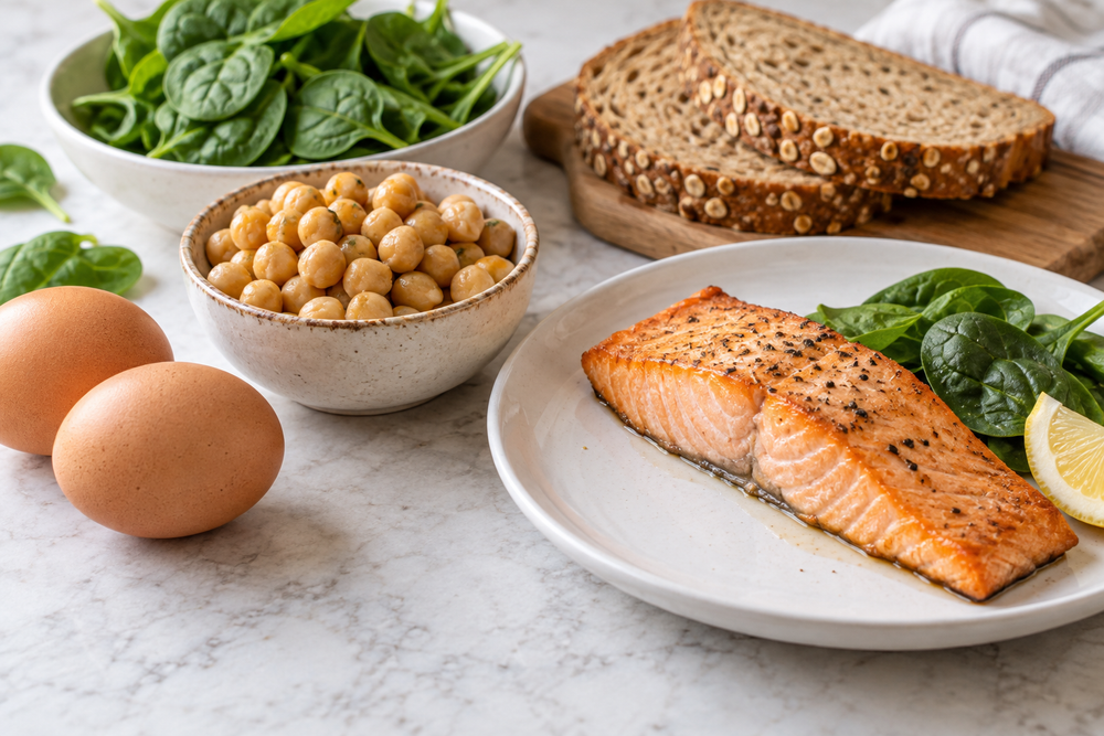 Illustration of B-vitamin food sources: salmon, eggs, spinach, chickpeas, and whole-grain bread