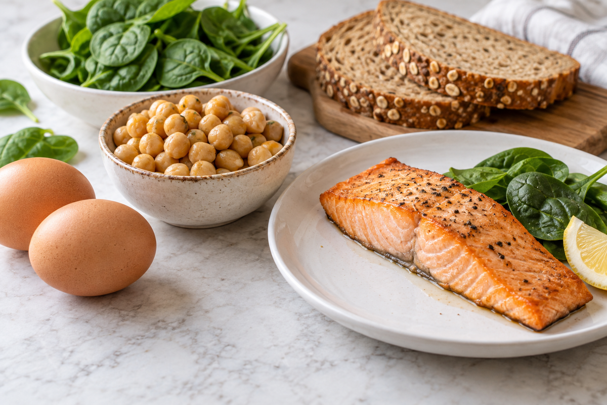 Illustration of B-vitamin food sources: salmon, eggs, spinach, chickpeas, and whole-grain bread