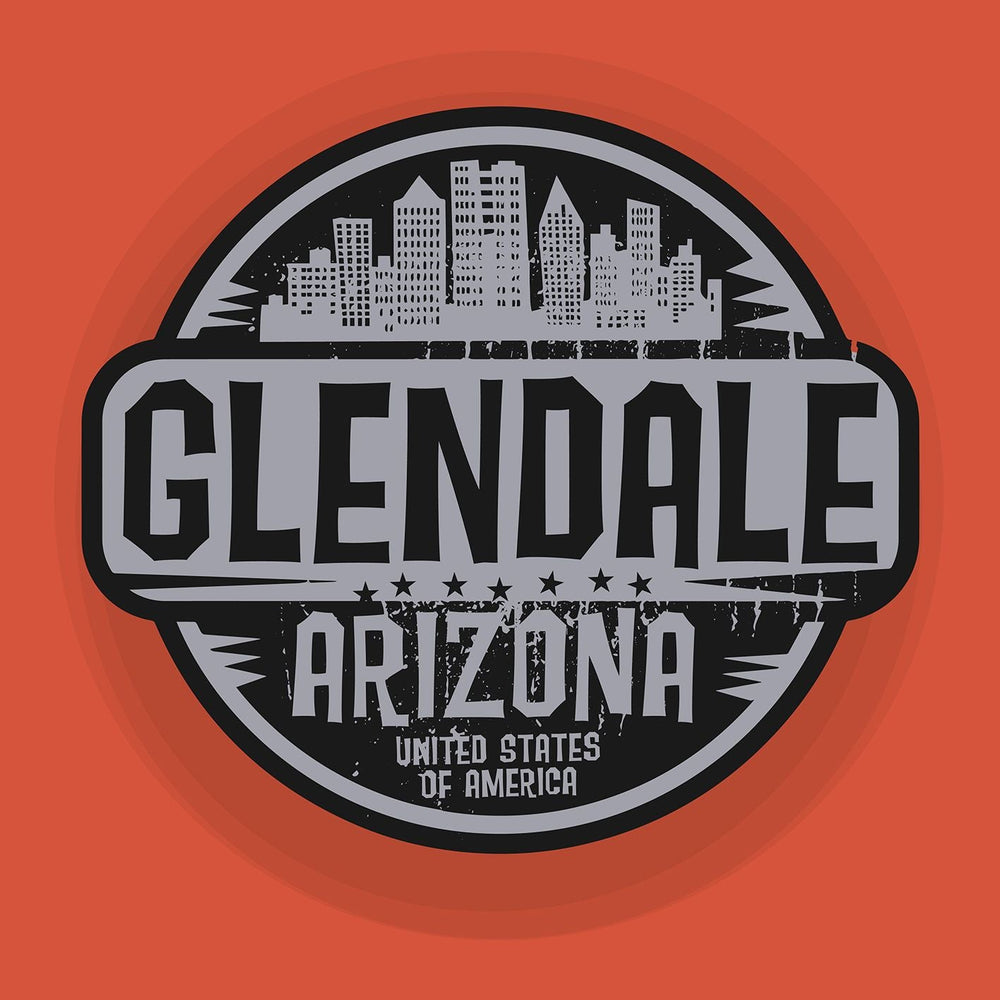 Glendale Arizona logo with a city skyline, text, and circular emblem, on an orange background.
