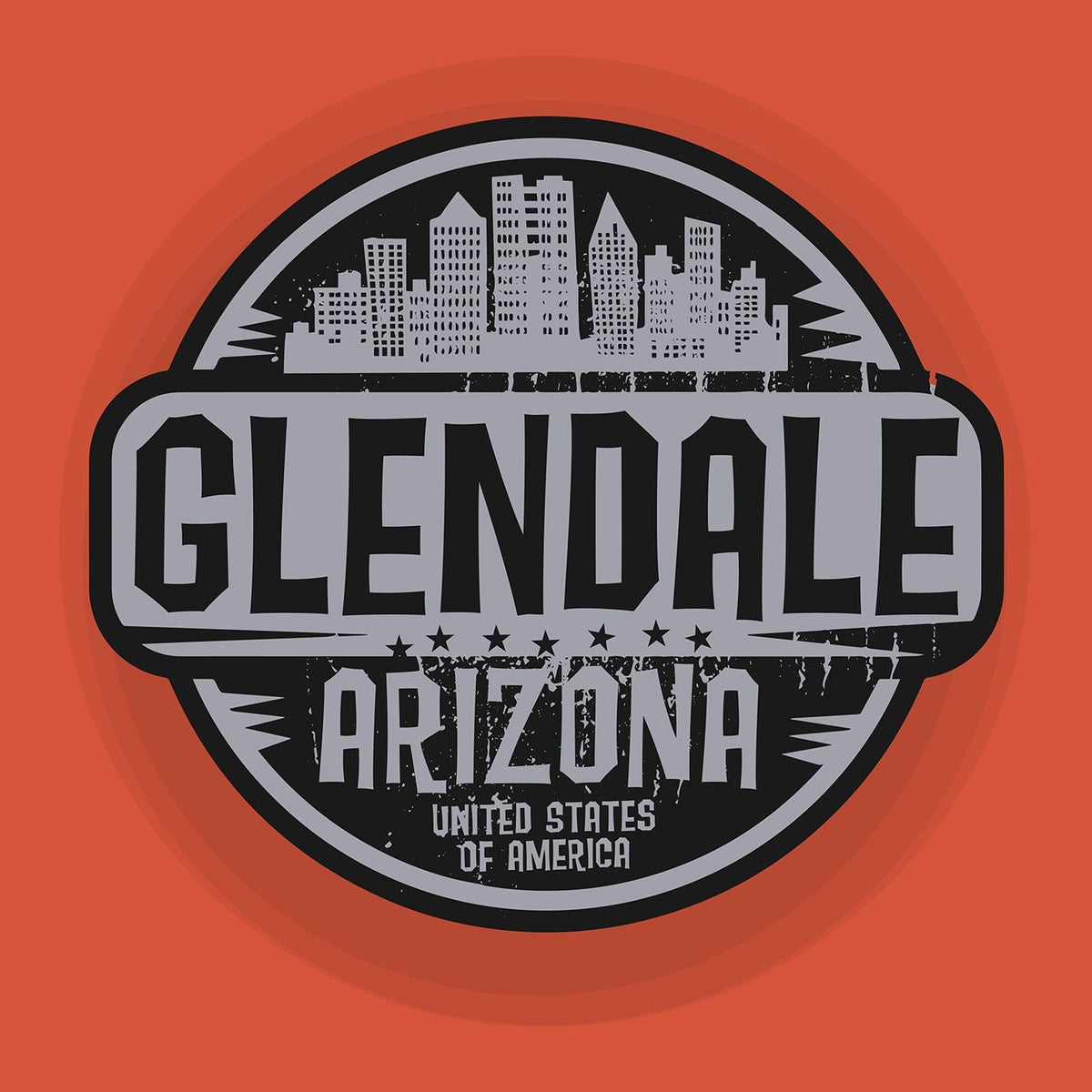 Glendale Arizona logo with a city skyline, text, and circular emblem, on an orange background.