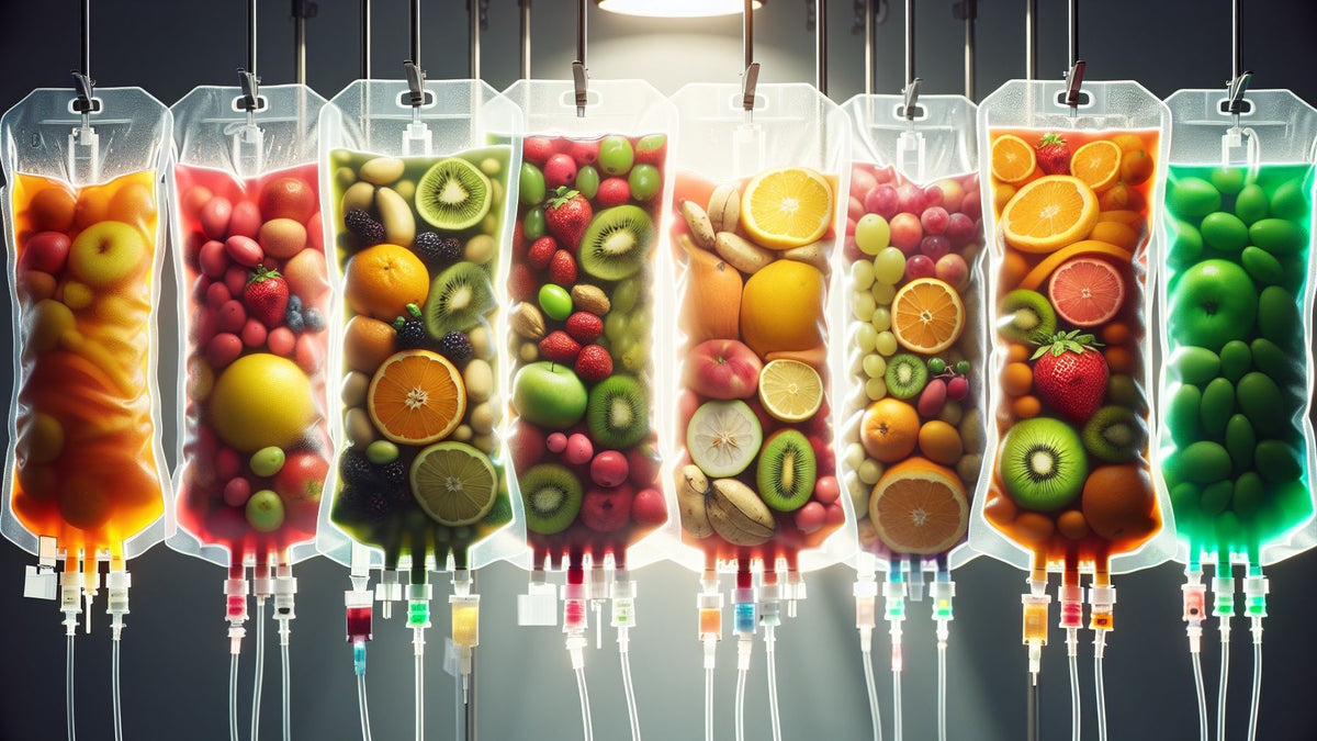 Bags filled with a variety of colorful fruits hang from a bar, each dripping liquid.