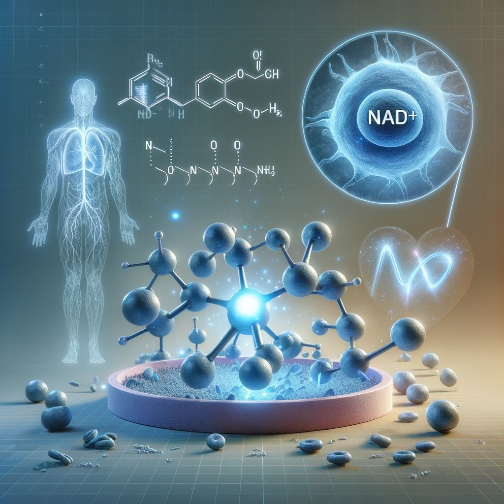 Illustration of human body, molecular structure, cell with NAD+, and chemical formulas, all glowing blue.