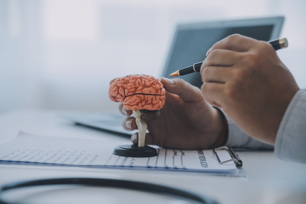 Doctor's hand pointing at a brain model on a desk. Laptop and medical documents are also visible.