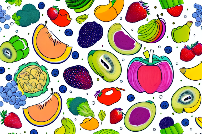 Colorful fruit pattern: cantaloupe, strawberries, kiwi, blueberries, bananas, and blackberries on white.