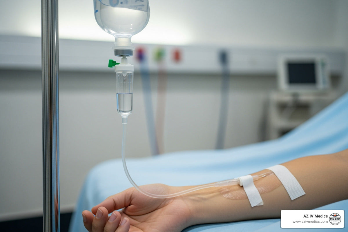 Hospital patient receiving intravenous fluids. IV bag hanging above arm with tube taped. Blue sheet and medical equipment.