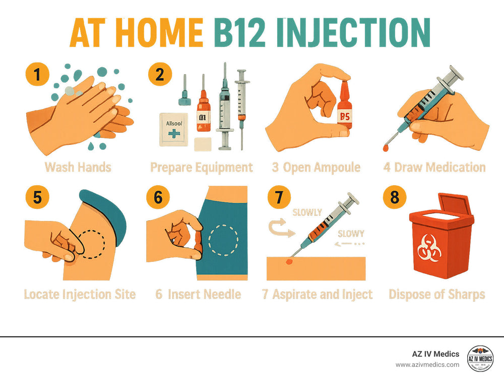 Steps for at-home B12 injection: wash hands, prep equipment, open ampoule, draw medication, locate injection site, insert needle, inject, and dispose of sharps.