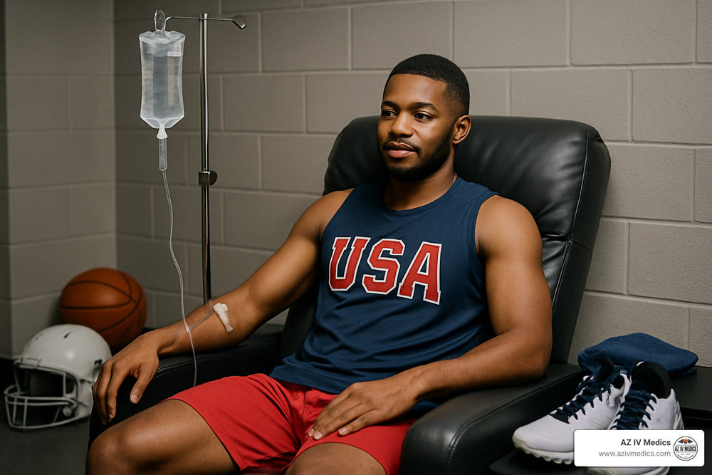 Athlete in a chair with IV drip, wearing a USA tank top, next to sports equipment and sneakers.