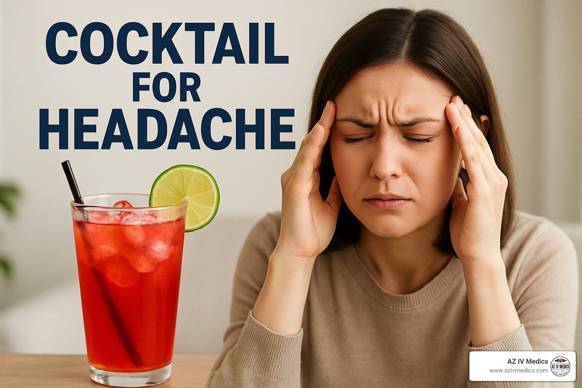 Woman with a headache holds head, next to a red cocktail with a lime. Text: Cocktail for headache.