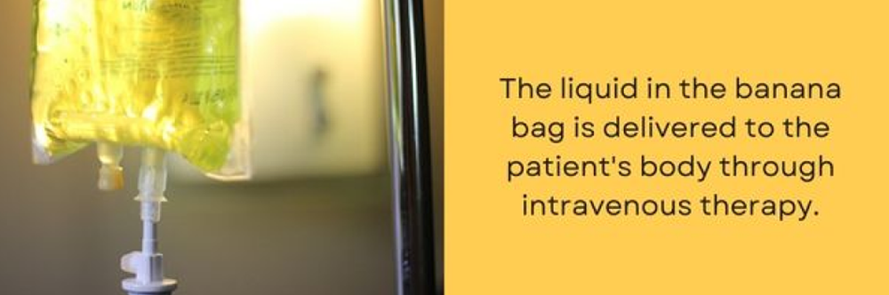 Intravenous therapy bag with yellow liquid, providing medicine to a patient.