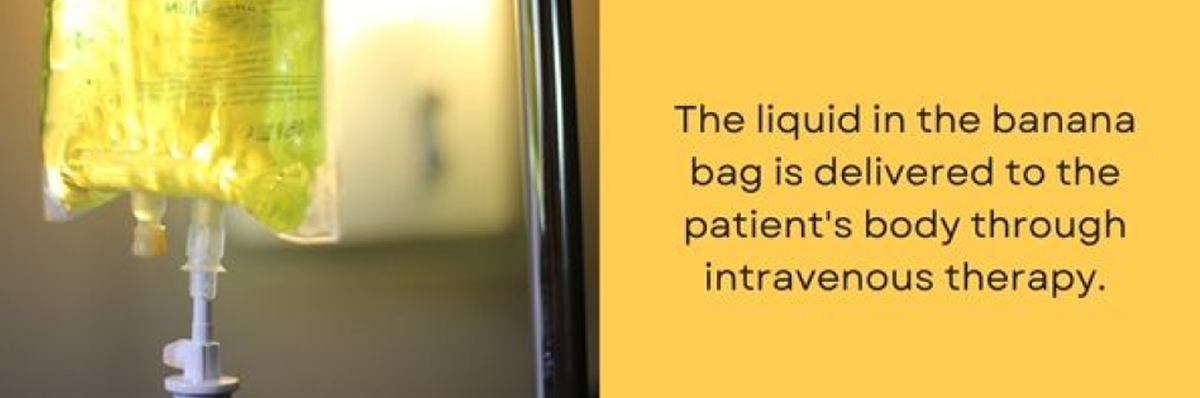 Intravenous therapy bag with yellow liquid, providing medicine to a patient.