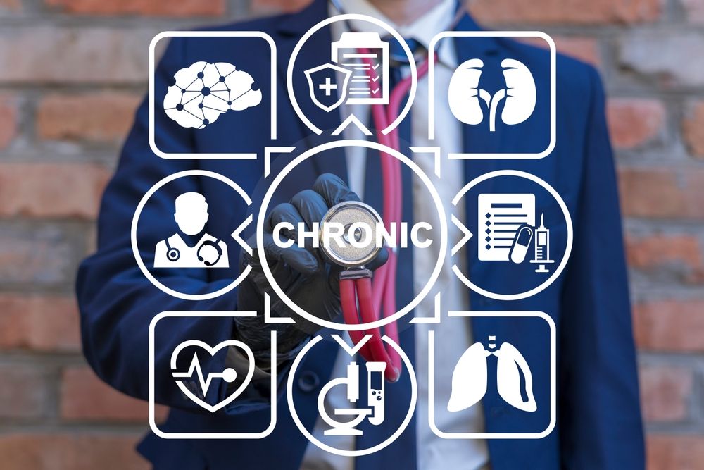 Doctor holding stethoscope, surrounded by icons representing chronic health conditions.