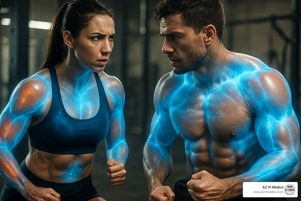 Man and woman with glowing blue veins, in a gym, tense and ready to fight or work out.