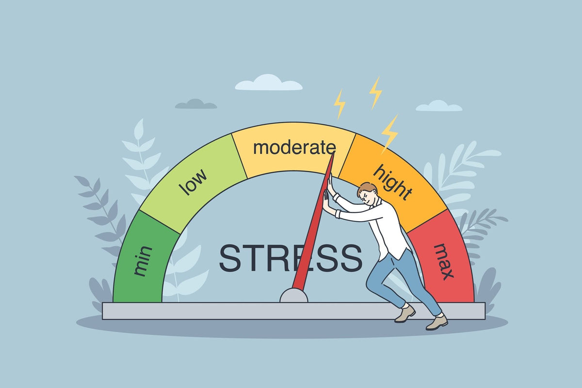 Man pushing a stress meter needle from high to moderate, emphasizing reducing stress.