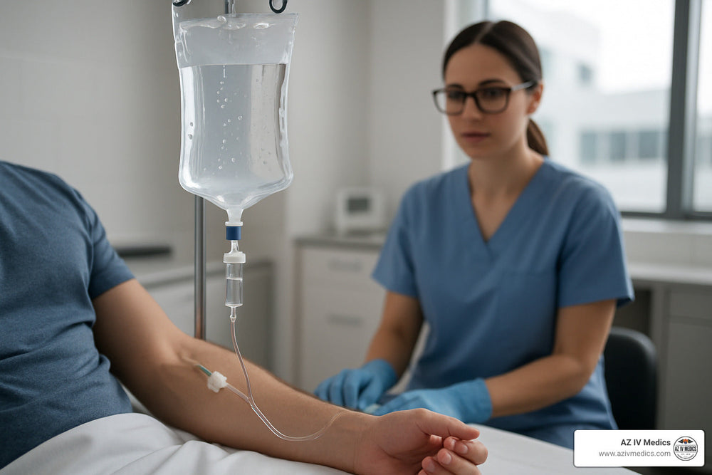 IV drip administered to patient by a healthcare worker in a medical setting.