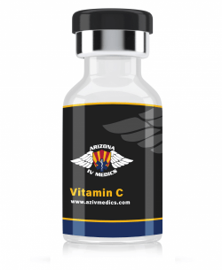 Vial of Vitamin C from Arizona IV Medics, dark label with company logo, white wings, blue and gold trim.