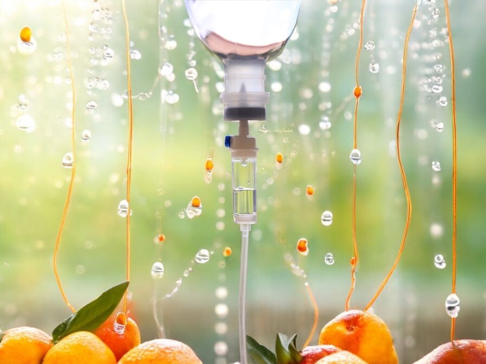 IV bag dripping fluid; oranges and peaches in front. Green and yellow background with water droplets.