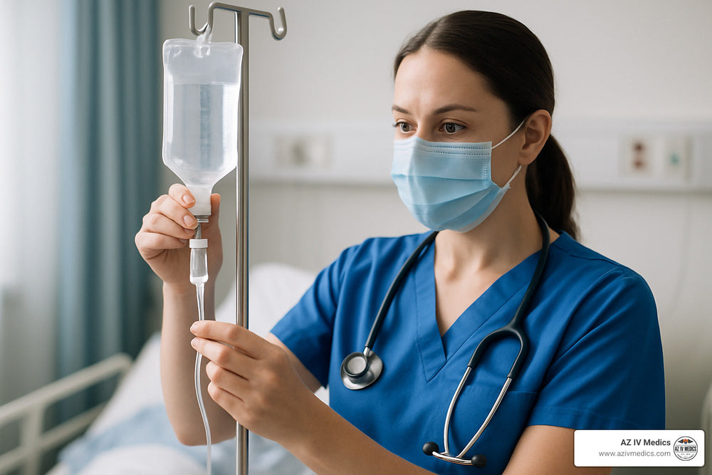 Nurse in blue scrubs adjusts IV drip in a hospital room.