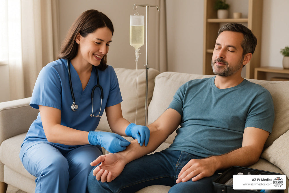 Nurse administering IV to a seated patient on a couch. Living room setting.
