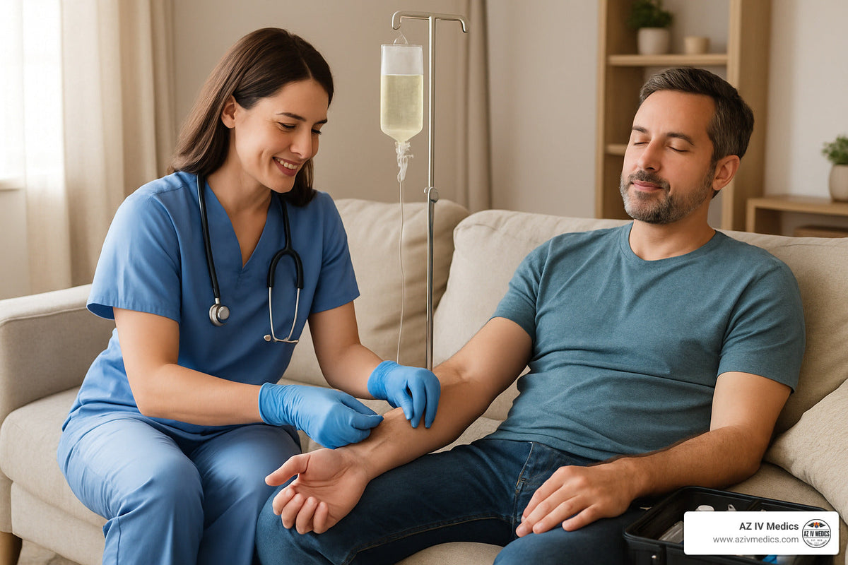 Nurse administering IV to a seated patient on a couch. Living room setting.